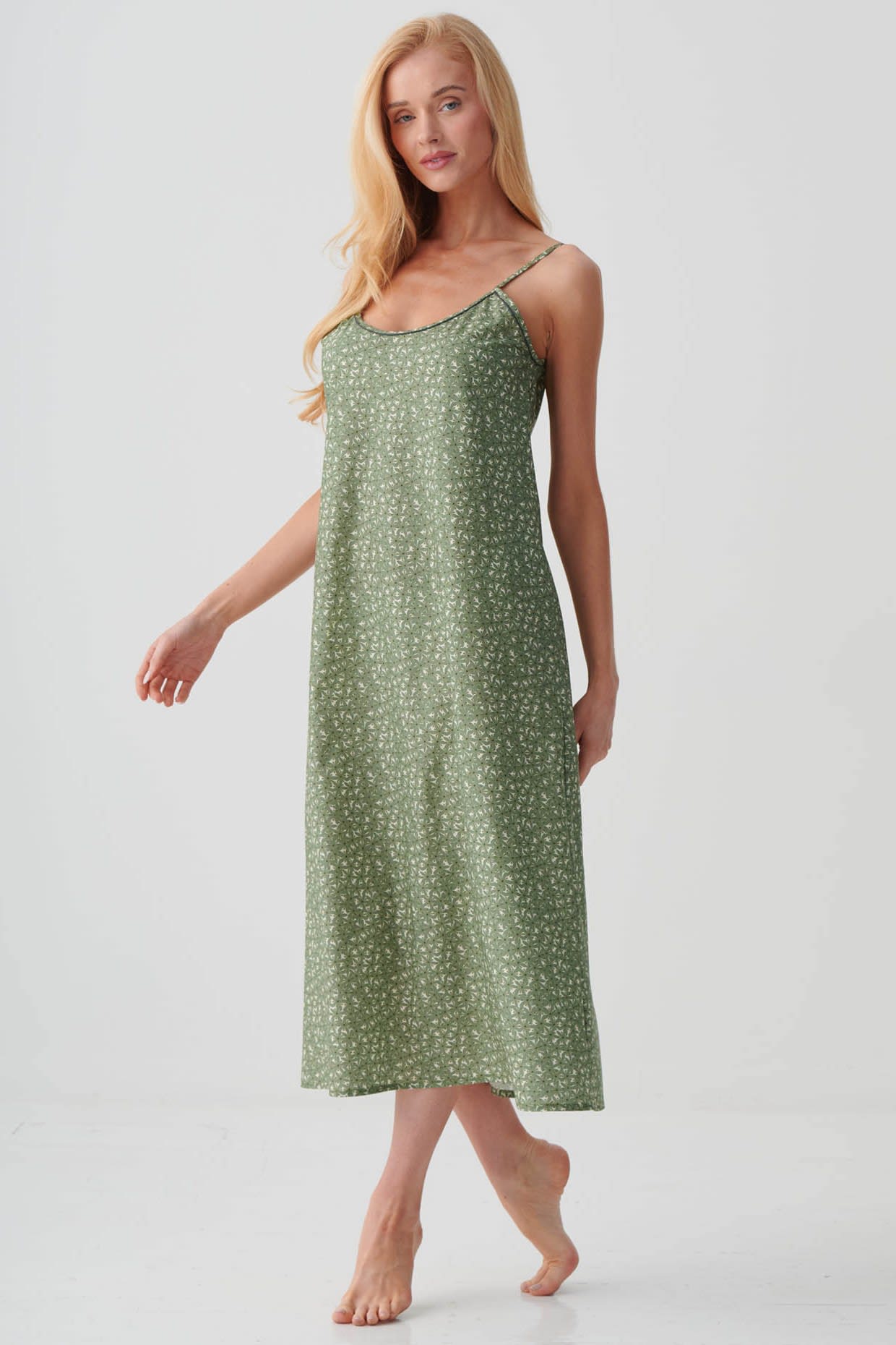 Pale Green British Boxers Pale Green "Shrub Sage" Flower Crisp Cotton Strappy Nightdress, Image 2 of 3