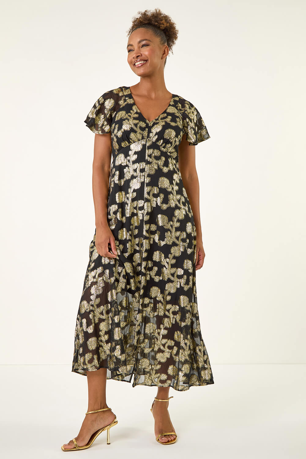 Black Burnout Floral Frill Midi Dress, Image 3 of 5