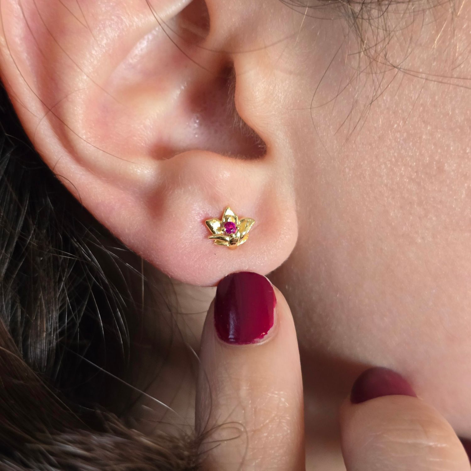 Gold Ruby July Birthstone Larkspur Birthflower Gold Plated Stud Earrings, Image 2 of 4