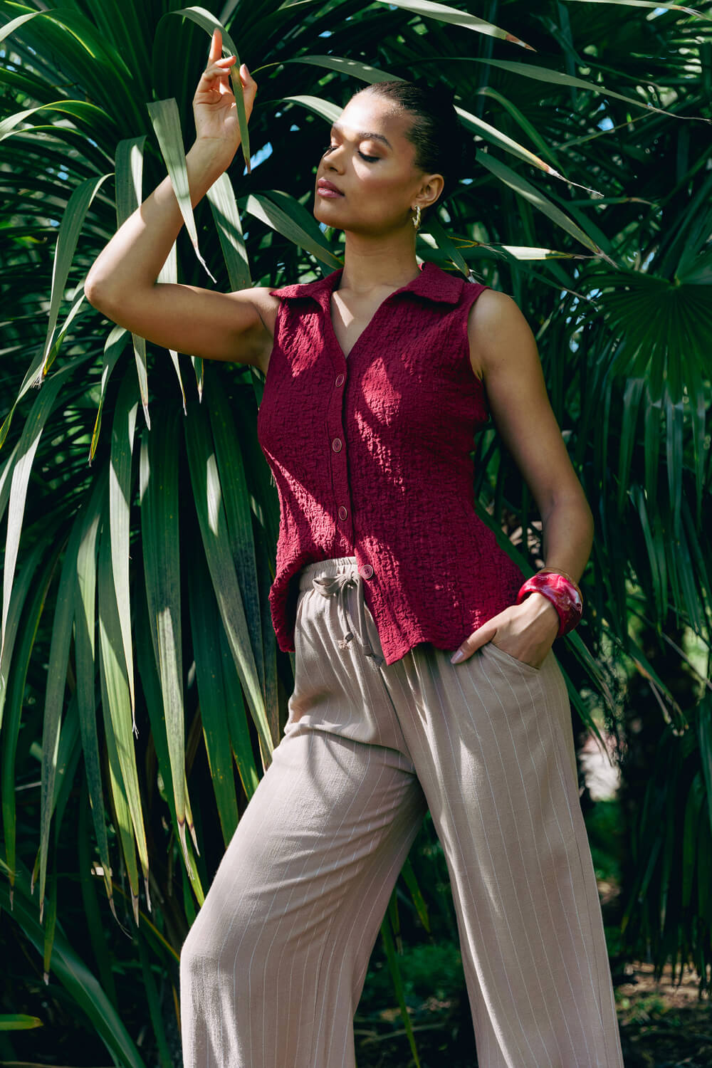 Wine Textured Sleeveless Buttoned Blouse, Image 7 of 7