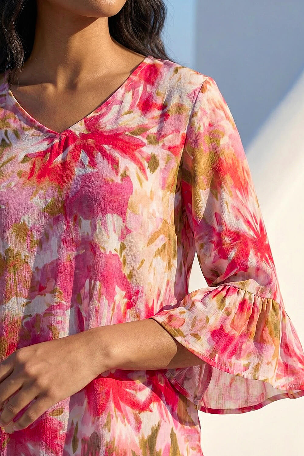 Pink Abstract Floral Flare Sleeve Top, Image 5 of 4