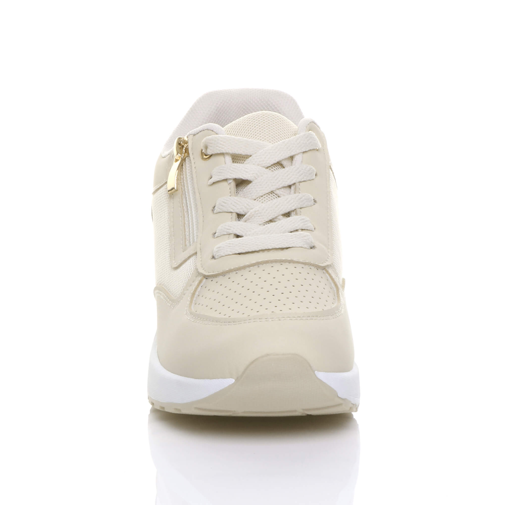Beige Mid Wedge Heel Lace Up Gold Zip Trainers, Image 5 of 5
