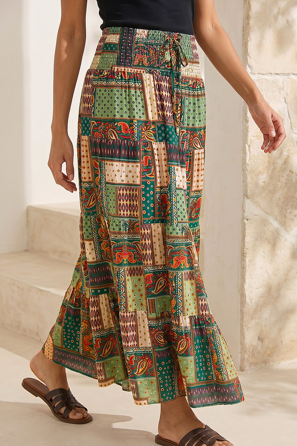 Roman Women's Khaki Paisley Print Shirred Maxi Skirt Size 10