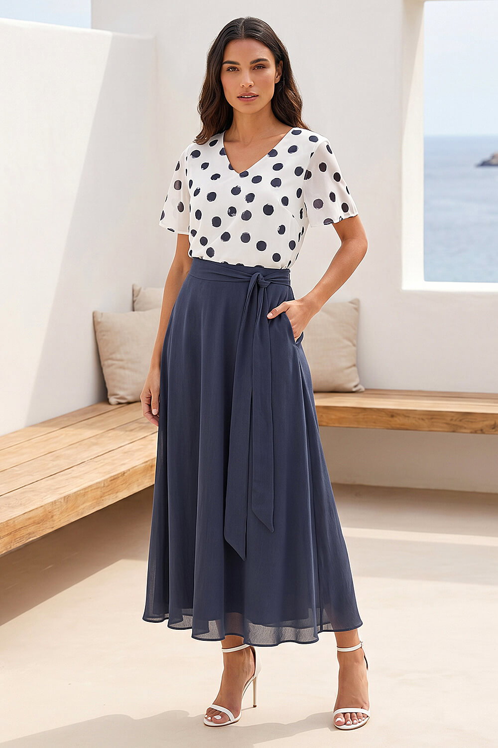Navy Spot Contrast Midi Dress, Image 3 of 4