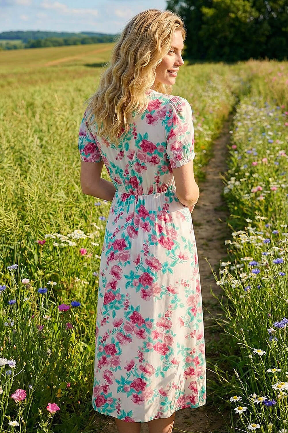 Ivory Floral Lace Trim Midi Dress , Image 4 of 4