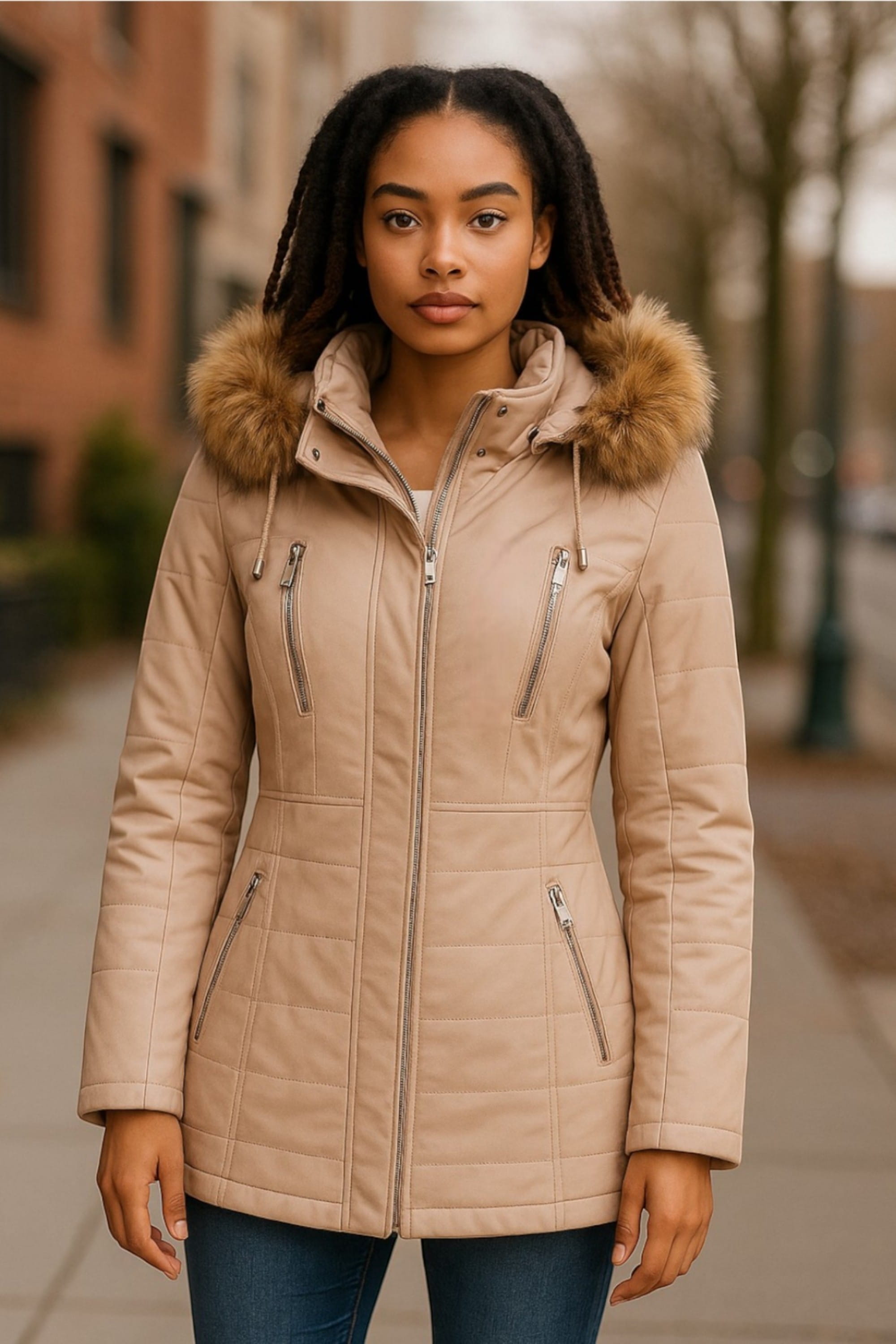 Beige Quilted Leather Parka Jacket-Bowen, Image 1 of 6