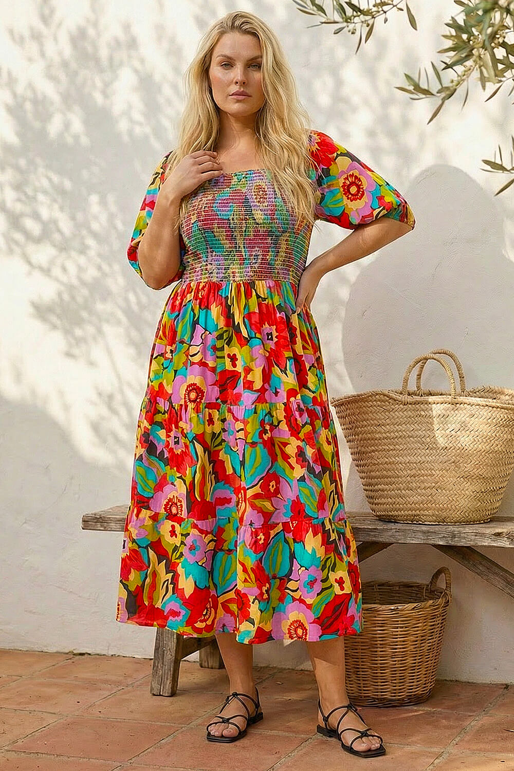 Roman Curve Women's Pink Floral Shirred Midi Dress Size 30-32