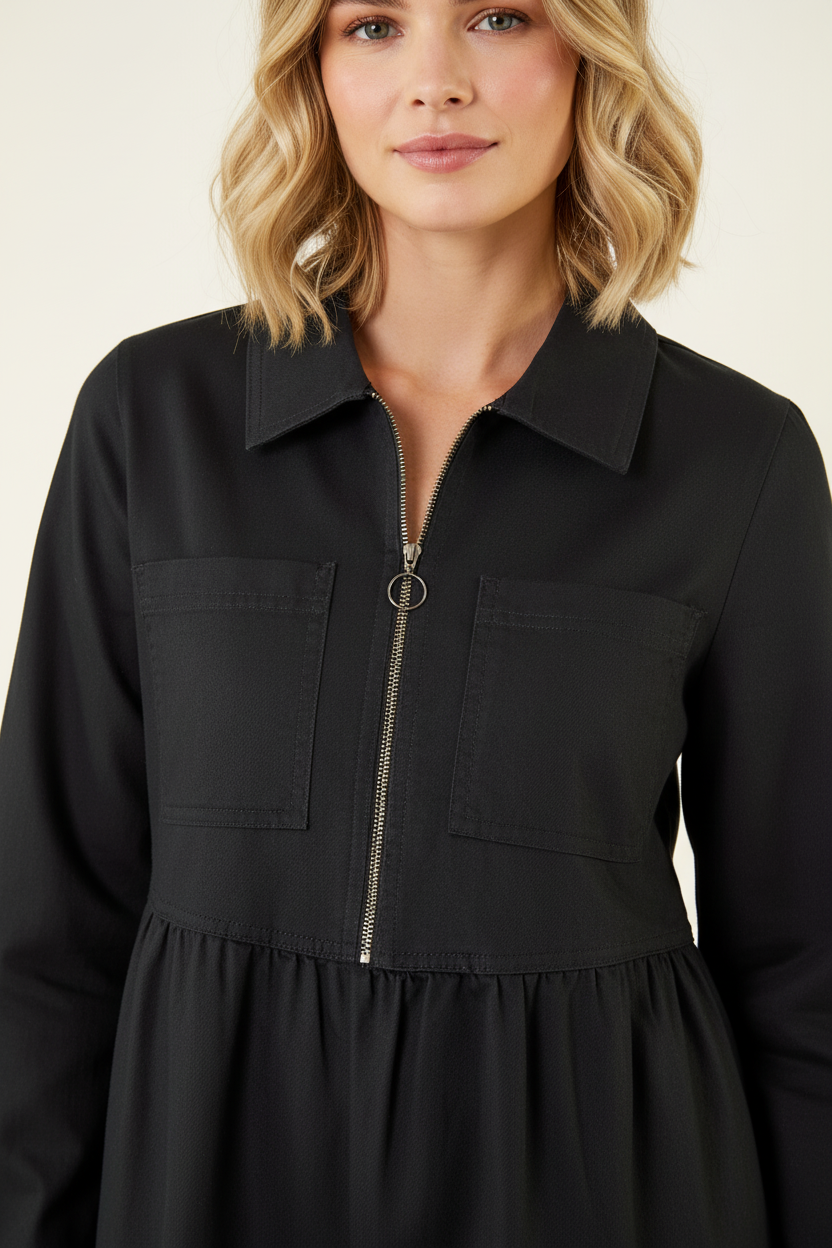 Black Front Zip Midi Dress, Image 6 of 5