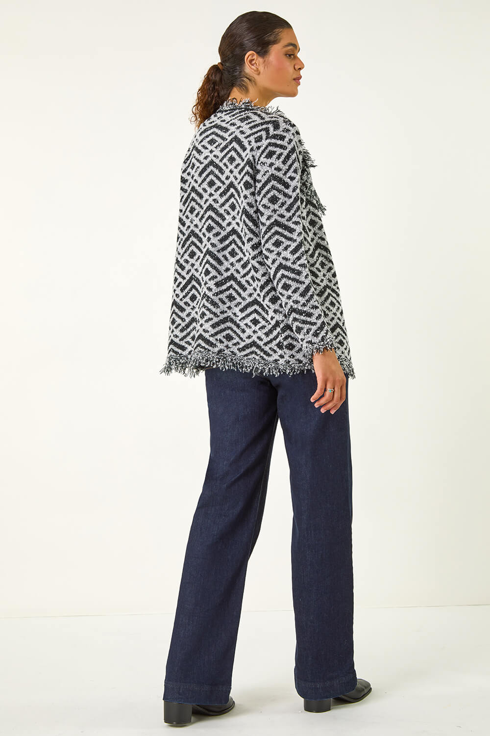 Black Geometric Fringe Collared Cardigan, Image 4 of 5