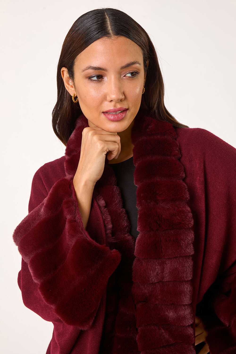 Wine Faux Fur Trim Knitted Poncho, Image 5 of 5