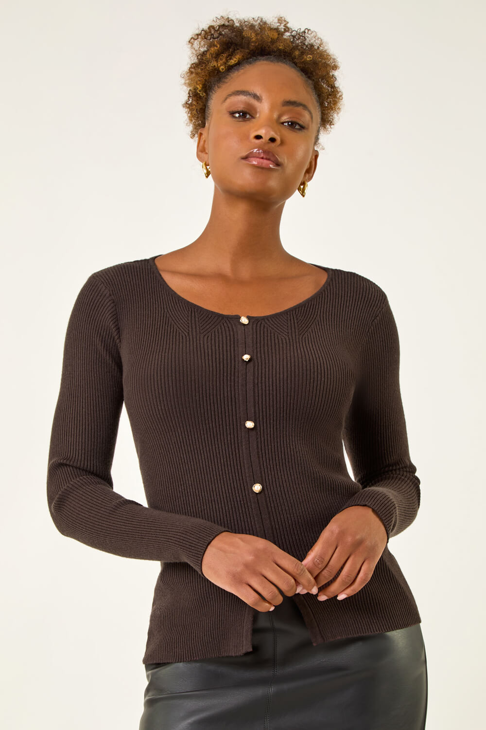 Chocolate Faux Pearl Ribbed Knit Jumper, Image 5 of 6