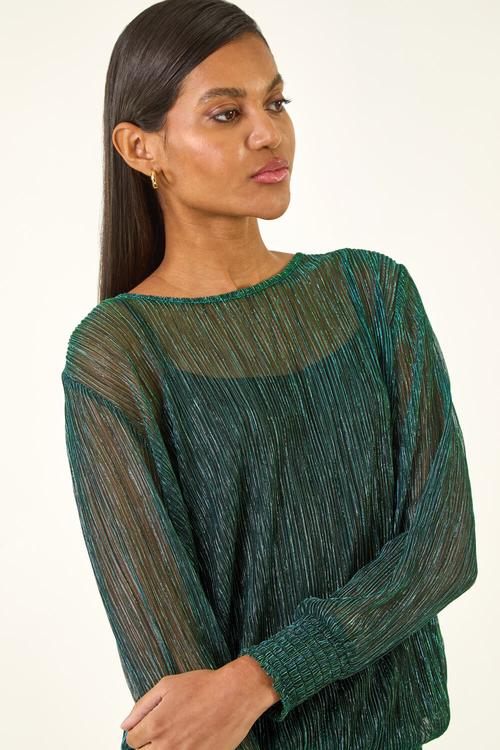 Forest Plisse Shimmer Shirred Hem Top, Image 5 of 5