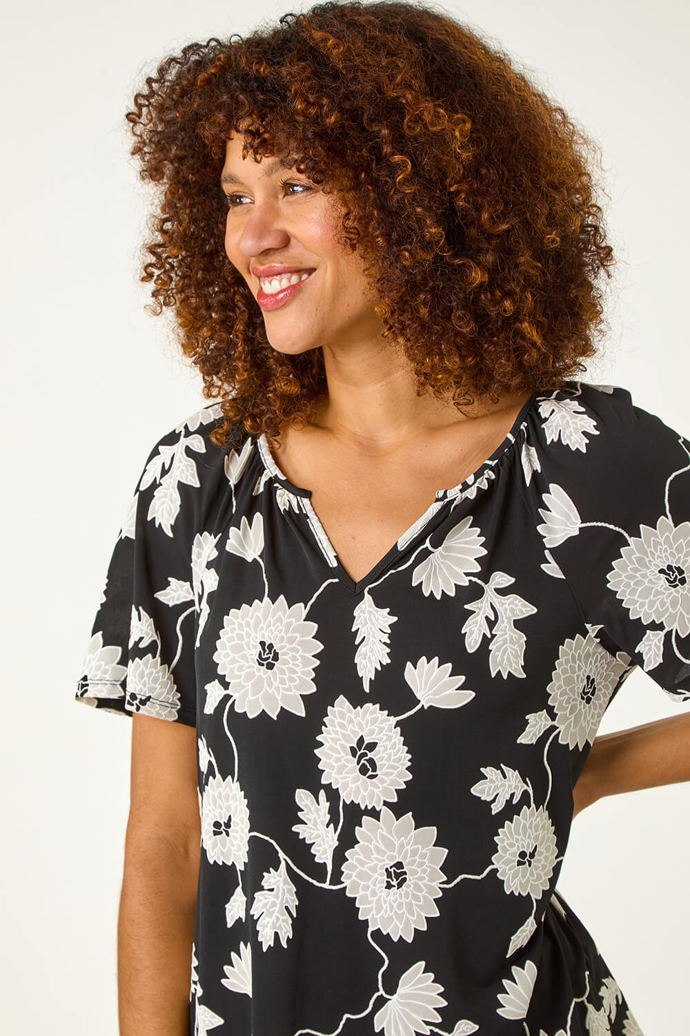 Black Textured Floral Print V-Neck Stretch Top, Image 1 of 5