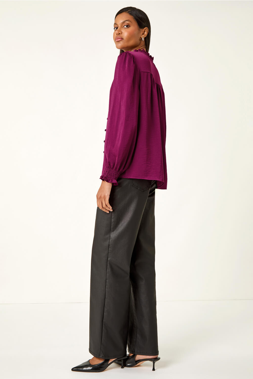 Plum Ruffle Front Tie Neck Blouse, Image 5 of 6