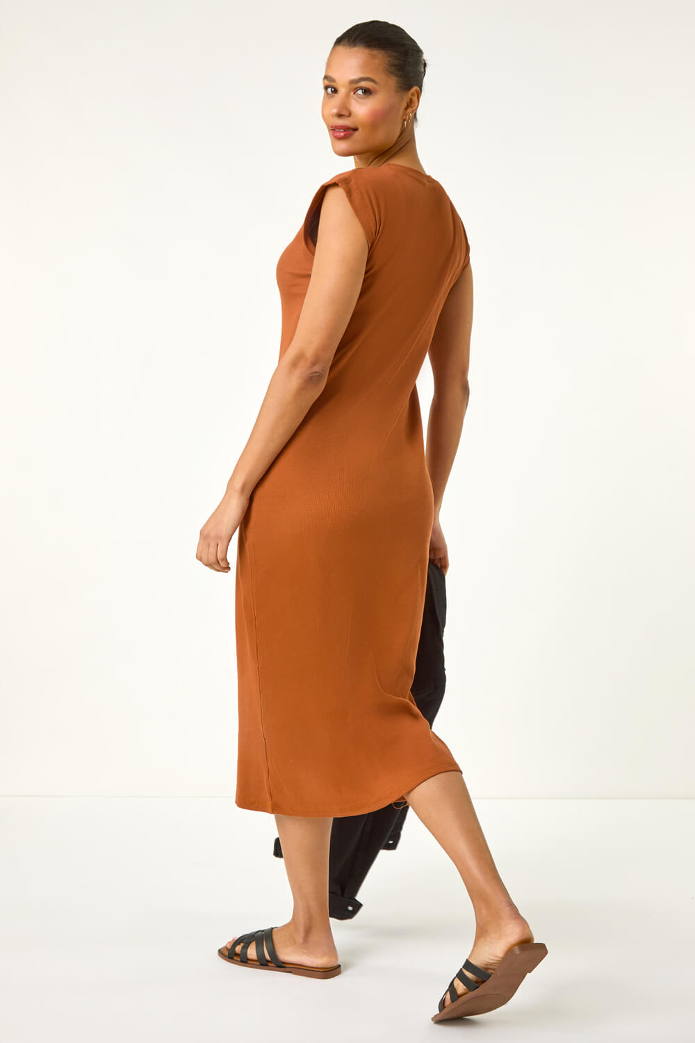 Rust Ribbed Cap Sleeve Midi Dress, Image 4 of 5