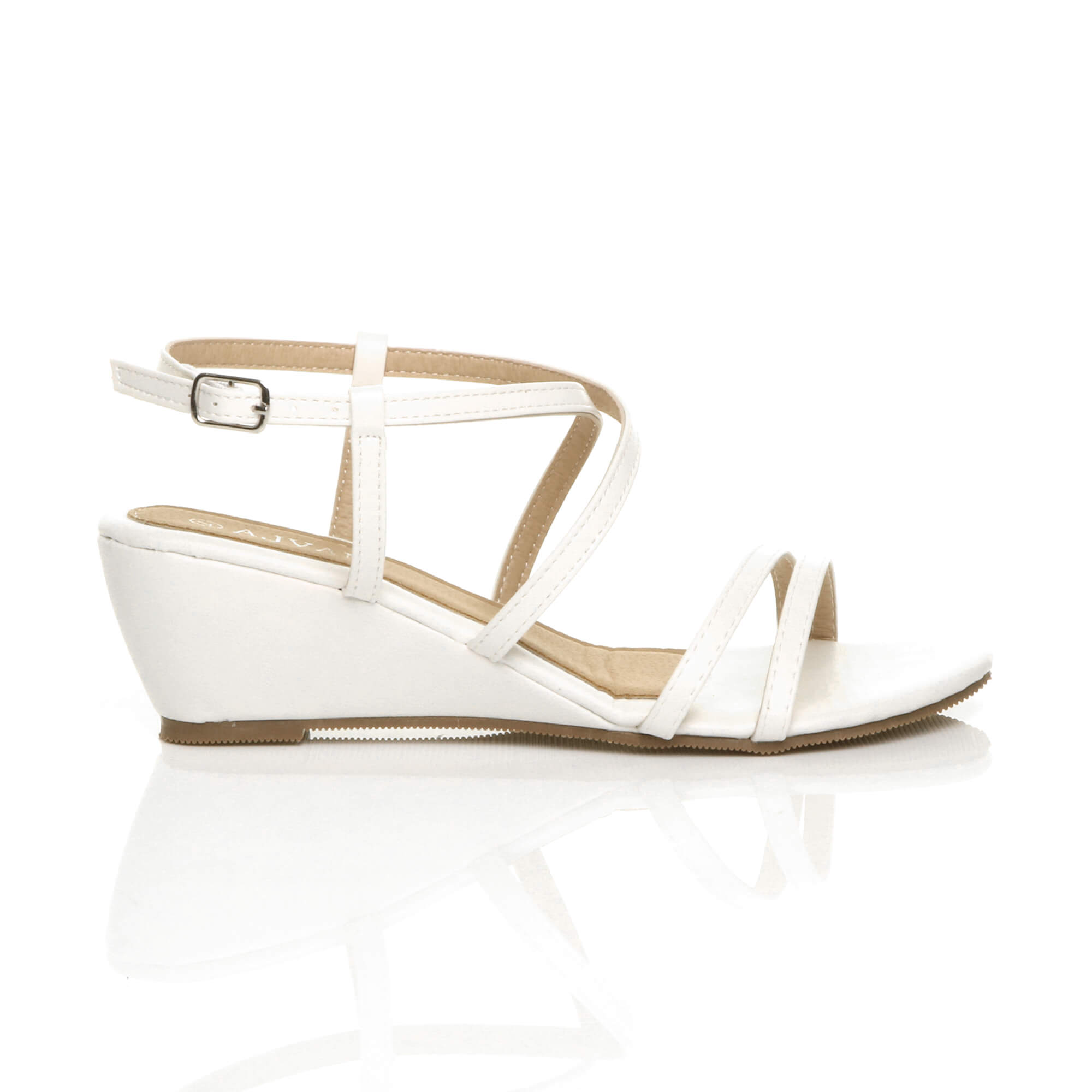 White AJVANI White Mid Wedge Heel Crossed Straps Sandals, Image 2 of 6