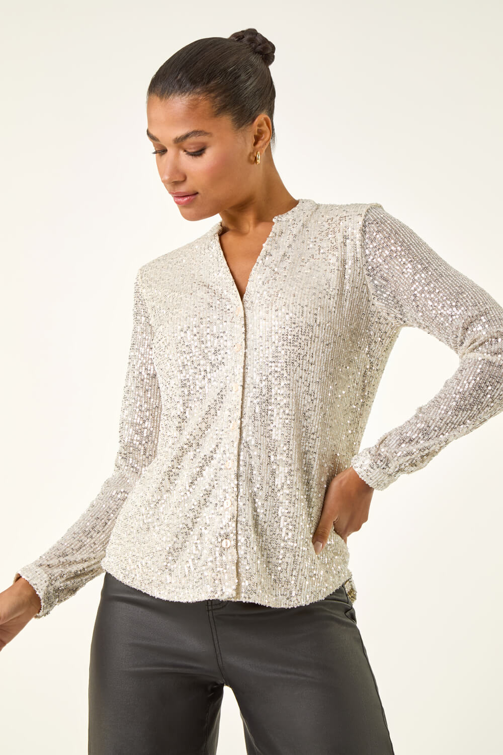 Silver Embellished Sequin Stretch Blouse, Image 5 of 5