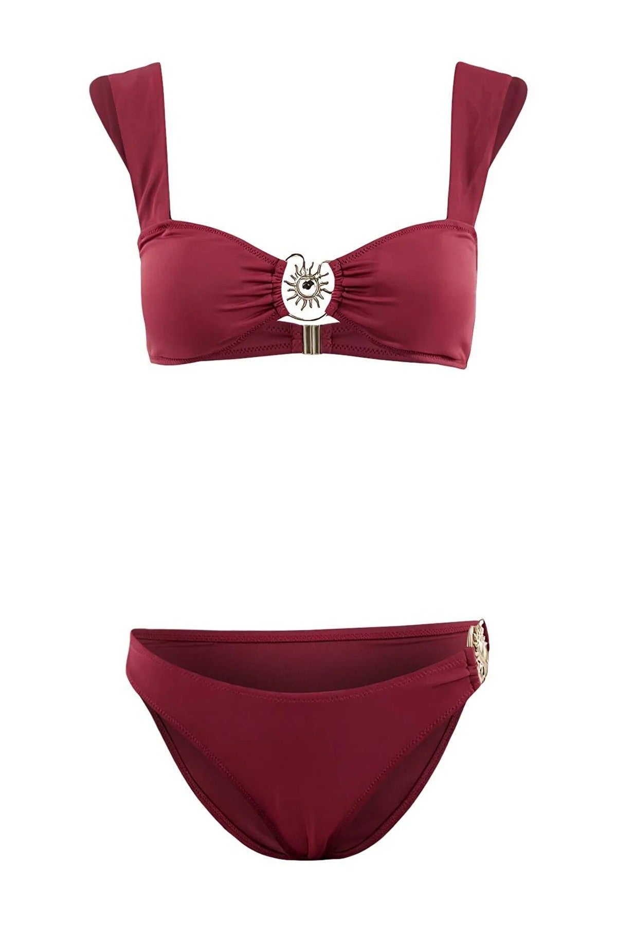 Burgundy Underwired Bikini Set with Ring Detail and Wide Straps, Image 1 of 2