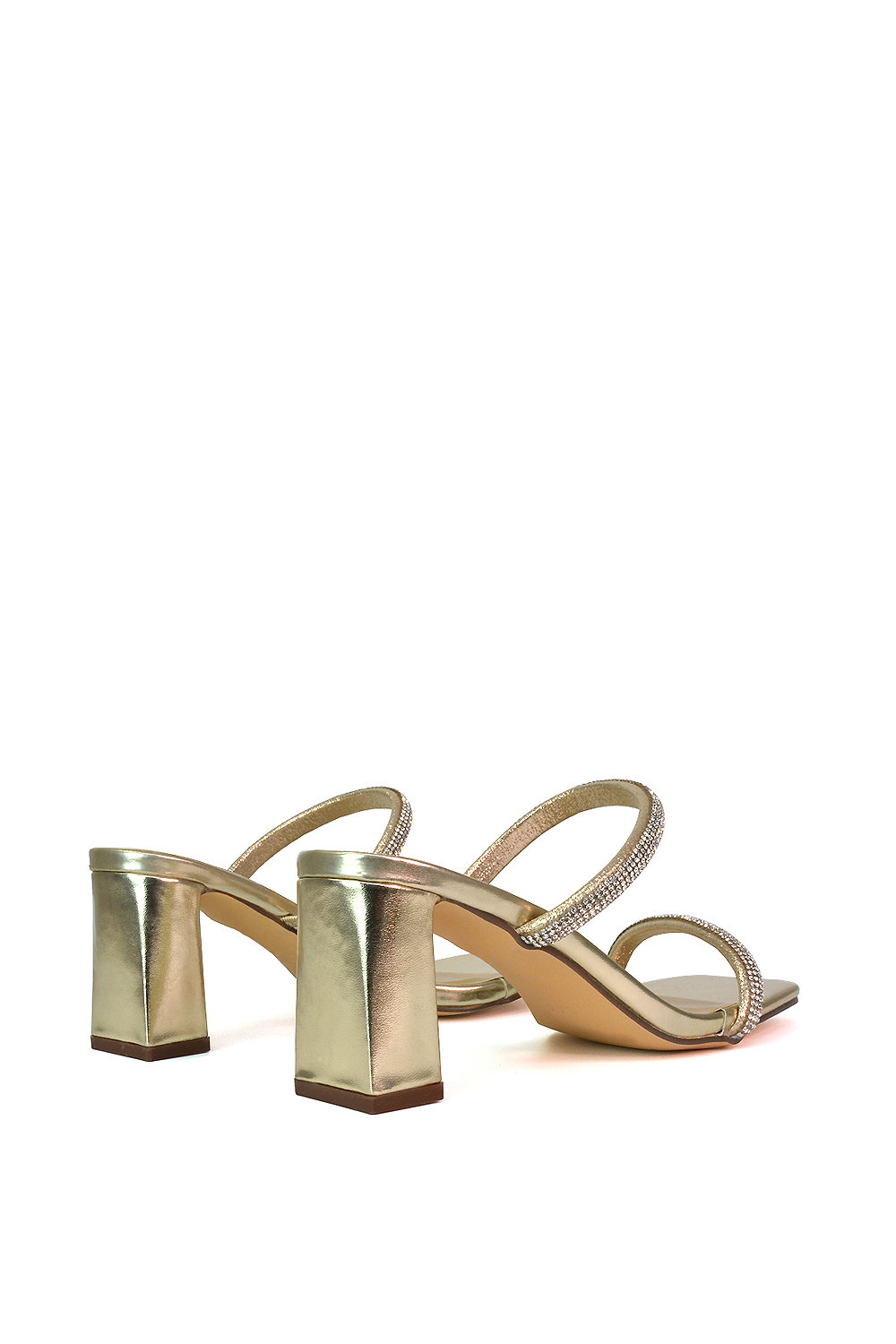 Gold XY LONDON Gold 'Holden' Diamante Strap Square Toe Mid Block Heel Sandal Mules, Image 5 of 5