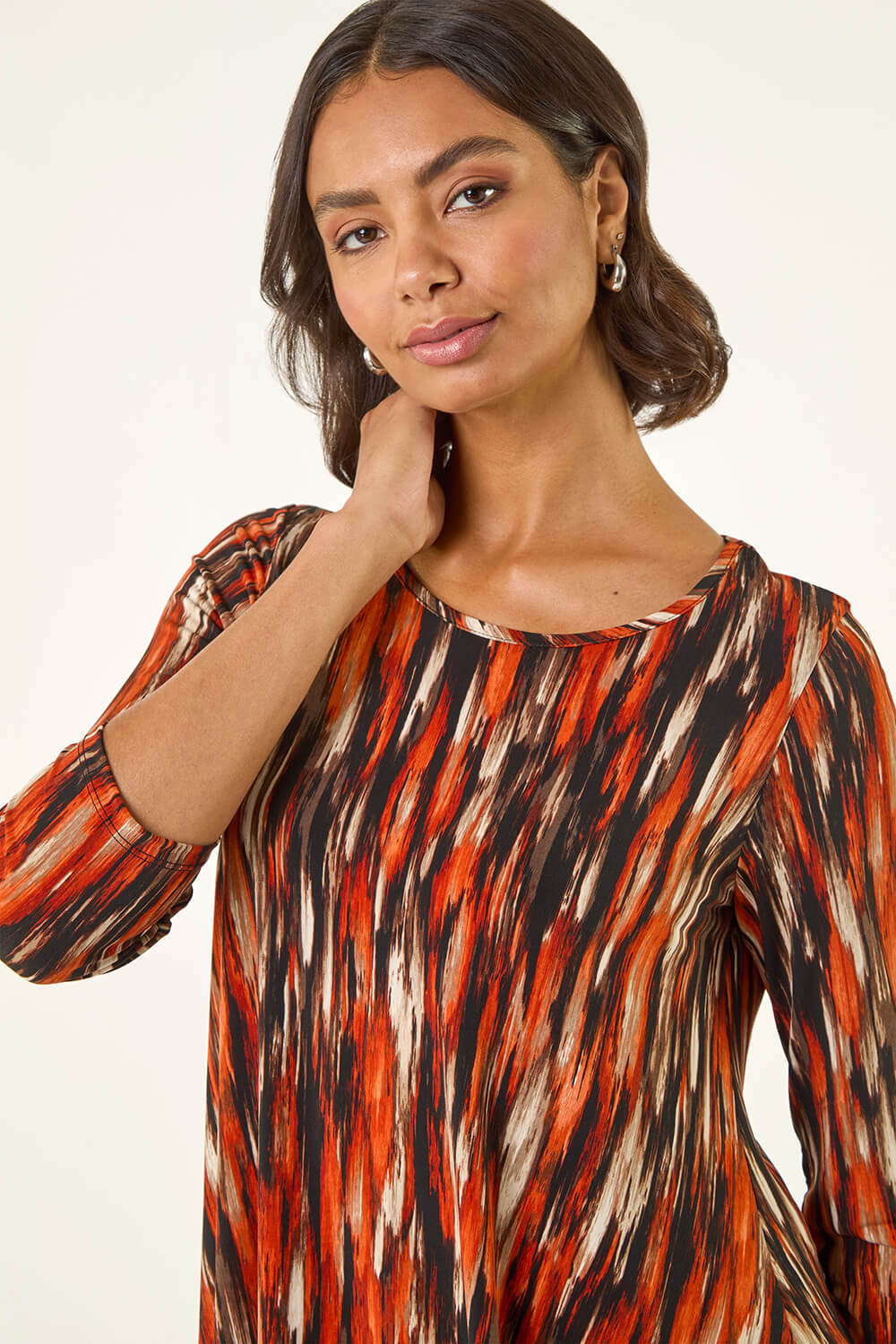 Roman Women's Orange Abstract Print Hanky Hem Stretch Top Size 18
