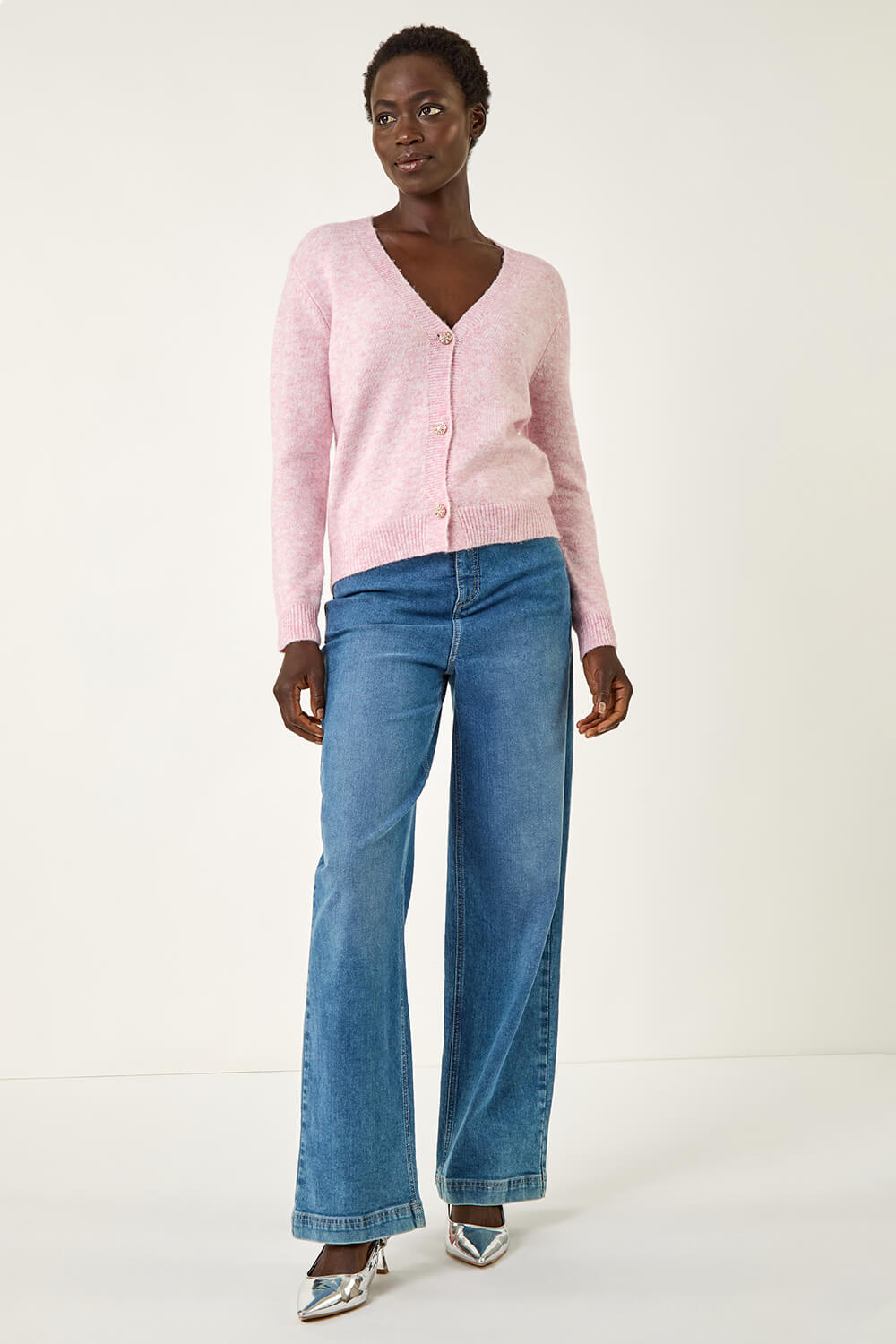 Pink Metallic Trim Knit Cardigan, Image 3 of 5