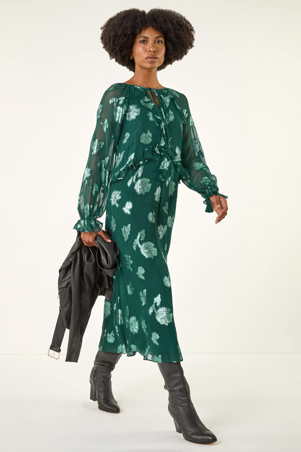 Knotted and Frilled Dress - Multi Cream/Green/Brown