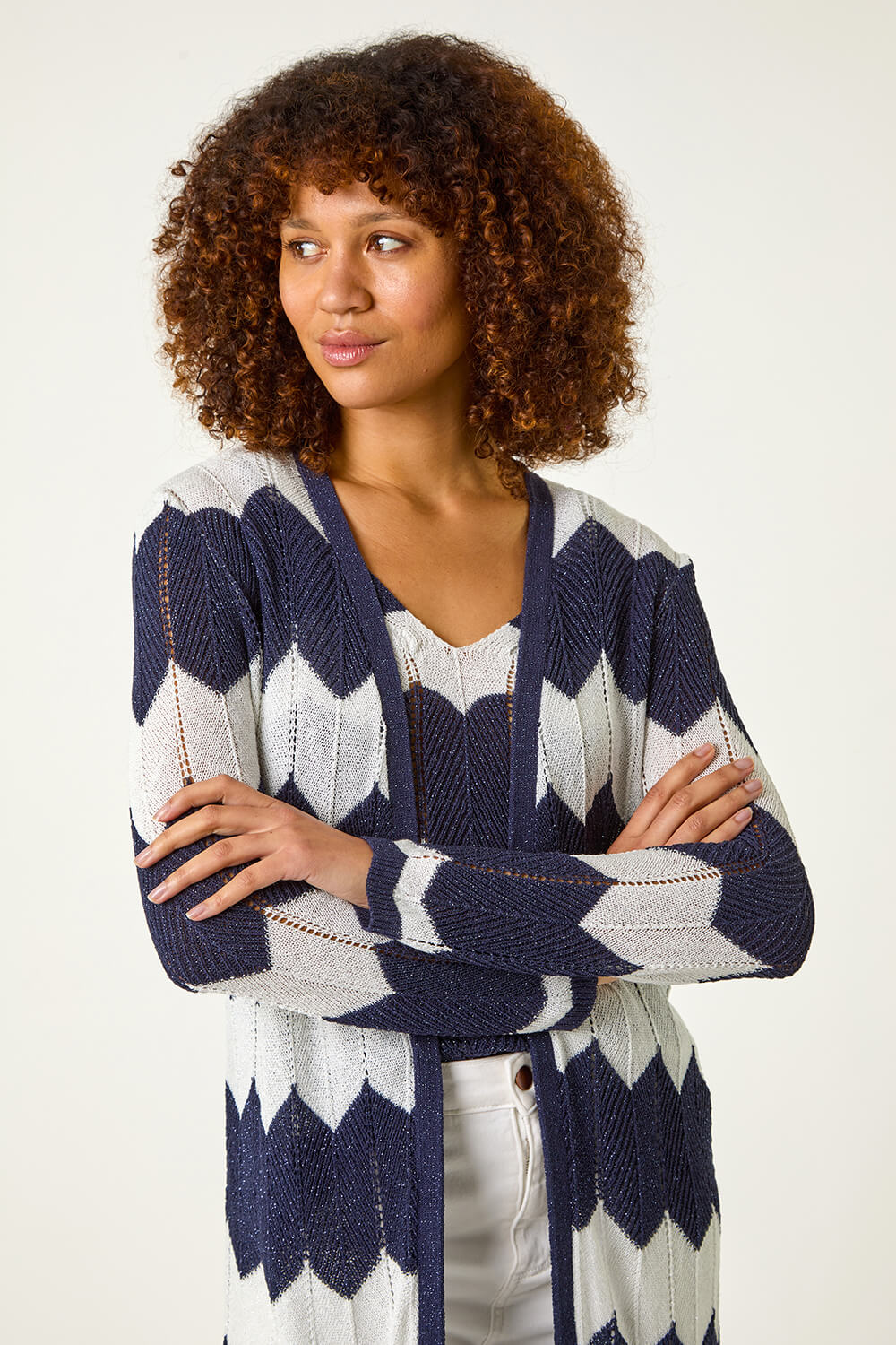 Navy Chevron Stripe Longline Cardigan, Image 5 of 5