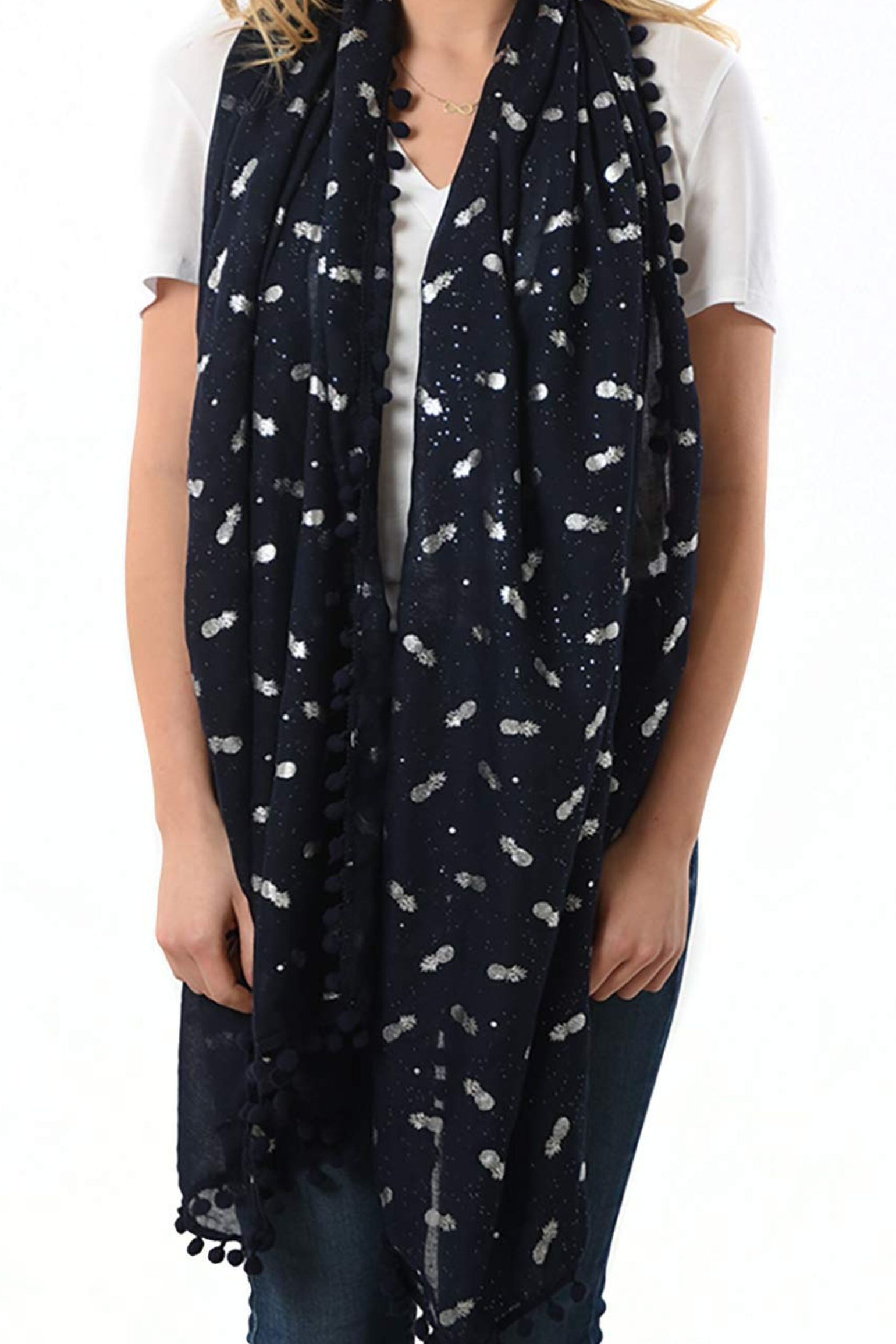 Navy Blue Pom Pom Pineapple Foil Scarf, Image 2 of 4