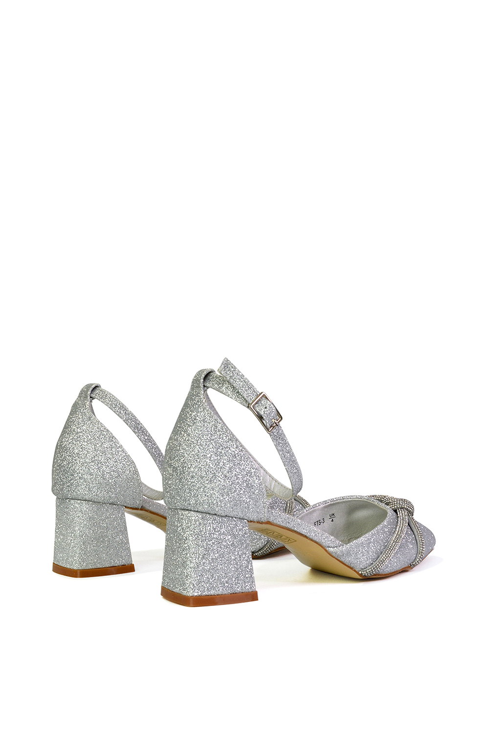 Silver 'Sarah' Ankle Strap Pointed Toe Diamante Mid Block Heels, Image 5 of 5