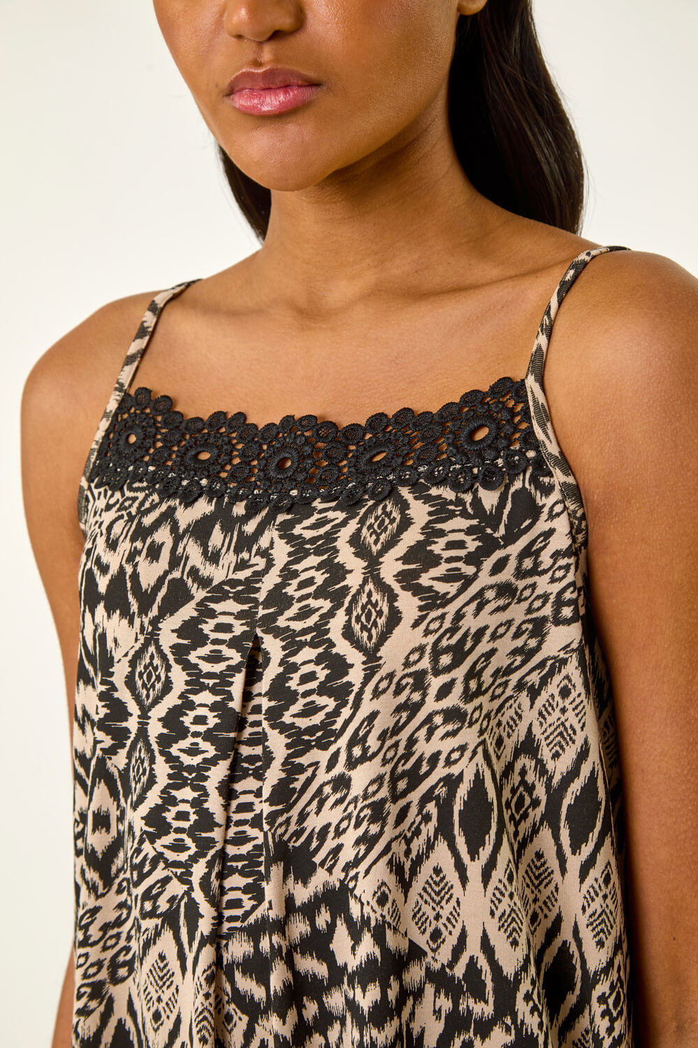 Black Geometric Lace Trim Cami Top, Image 6 of 5
