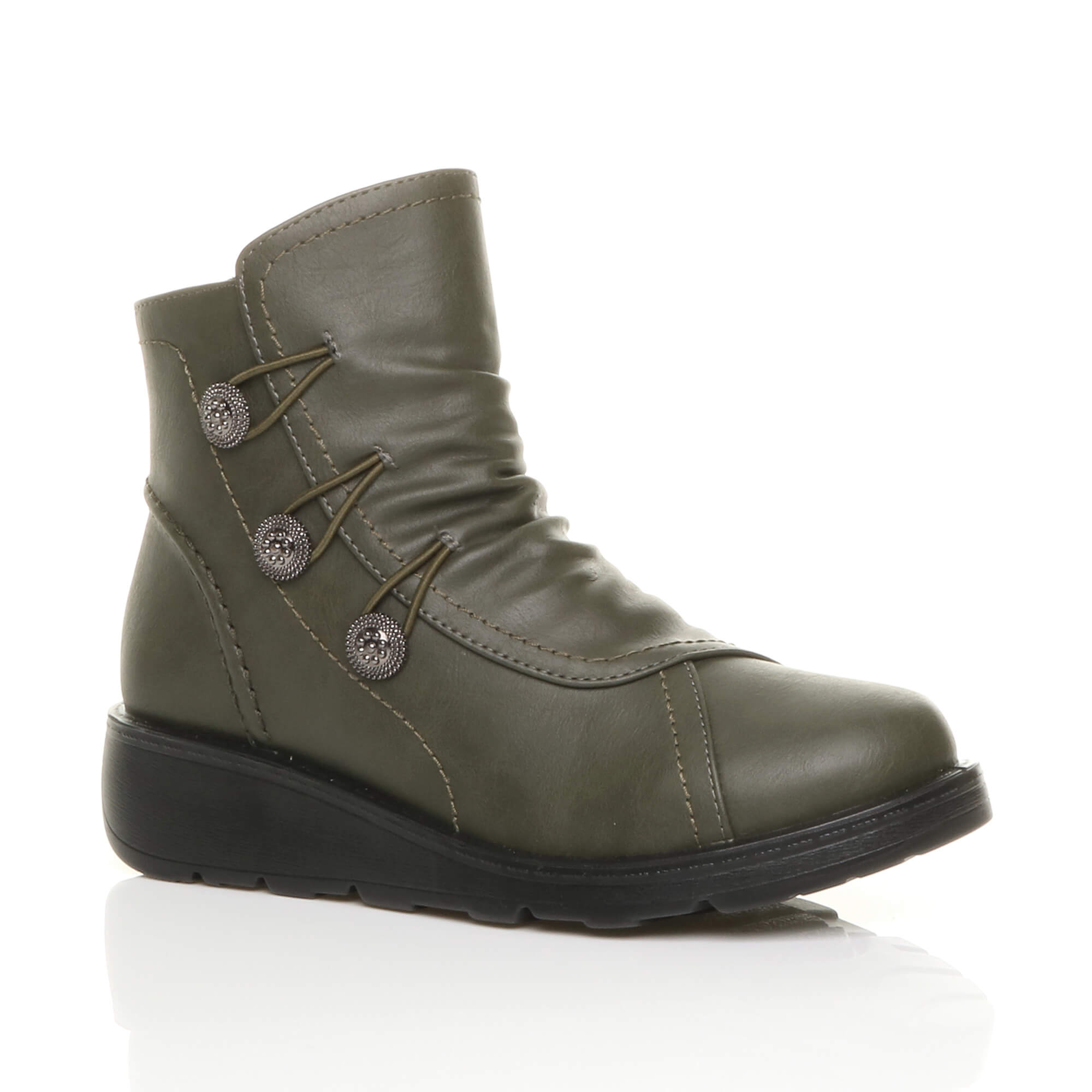 Khaki AJVANI Khaki Low Wedge Comfort Button Ankle Boots, Image 1 of 6