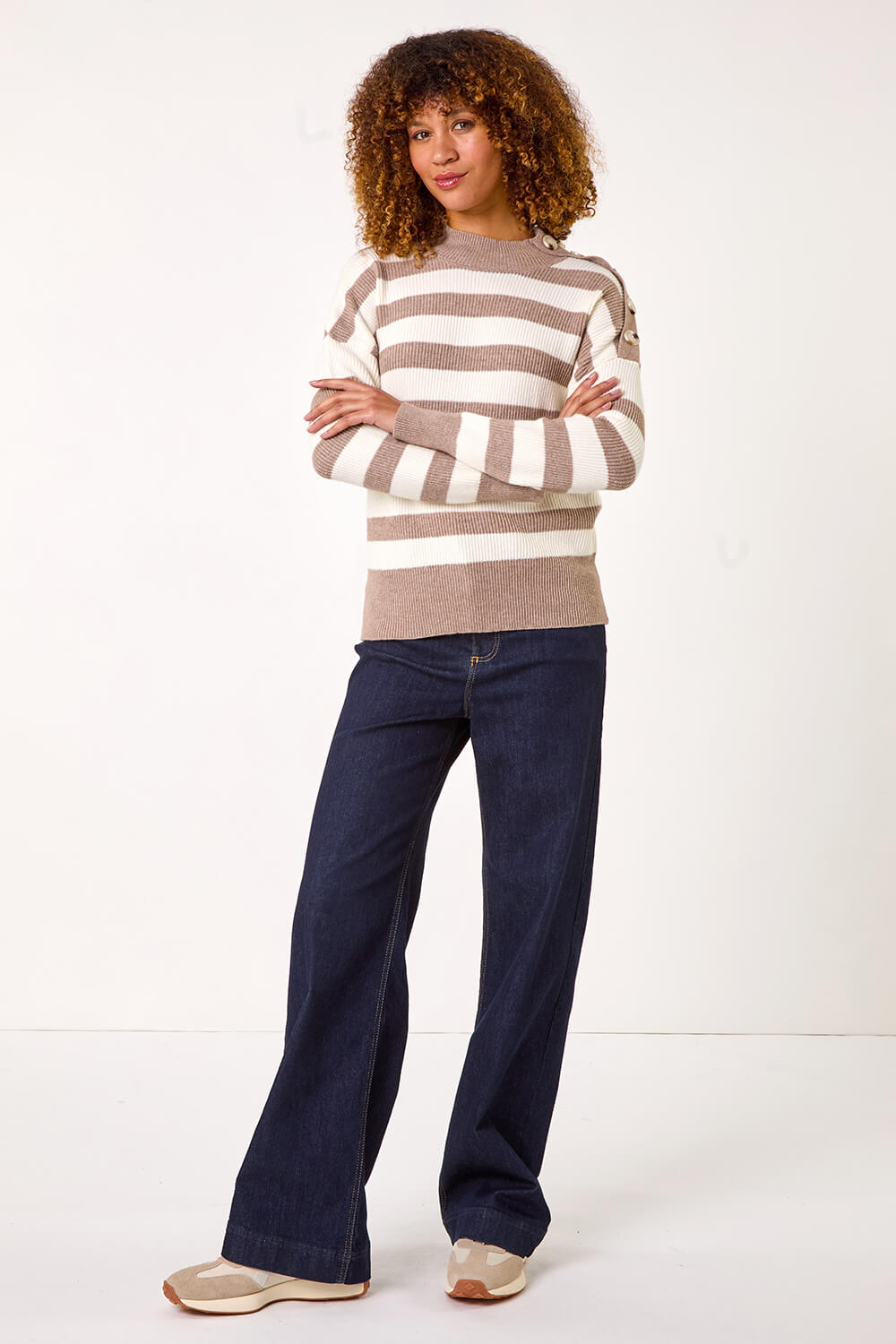 Taupe Button Shoulder Stripe Knit Jumper, Image 3 of 5