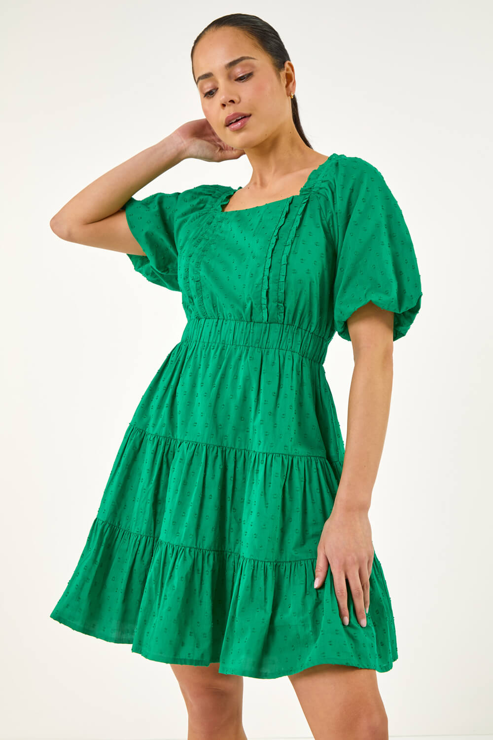 green emerald velvet dress CurveWow Dobby Shirred Bodice Midi Dress Forest Green  Curvewow