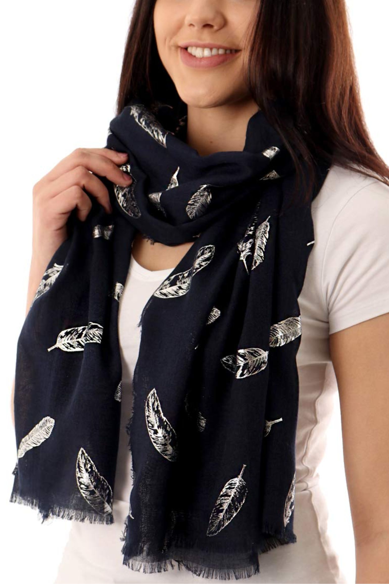Navy Blue Silver Feather Lightweight Foil Scarf, Image 1 of 1