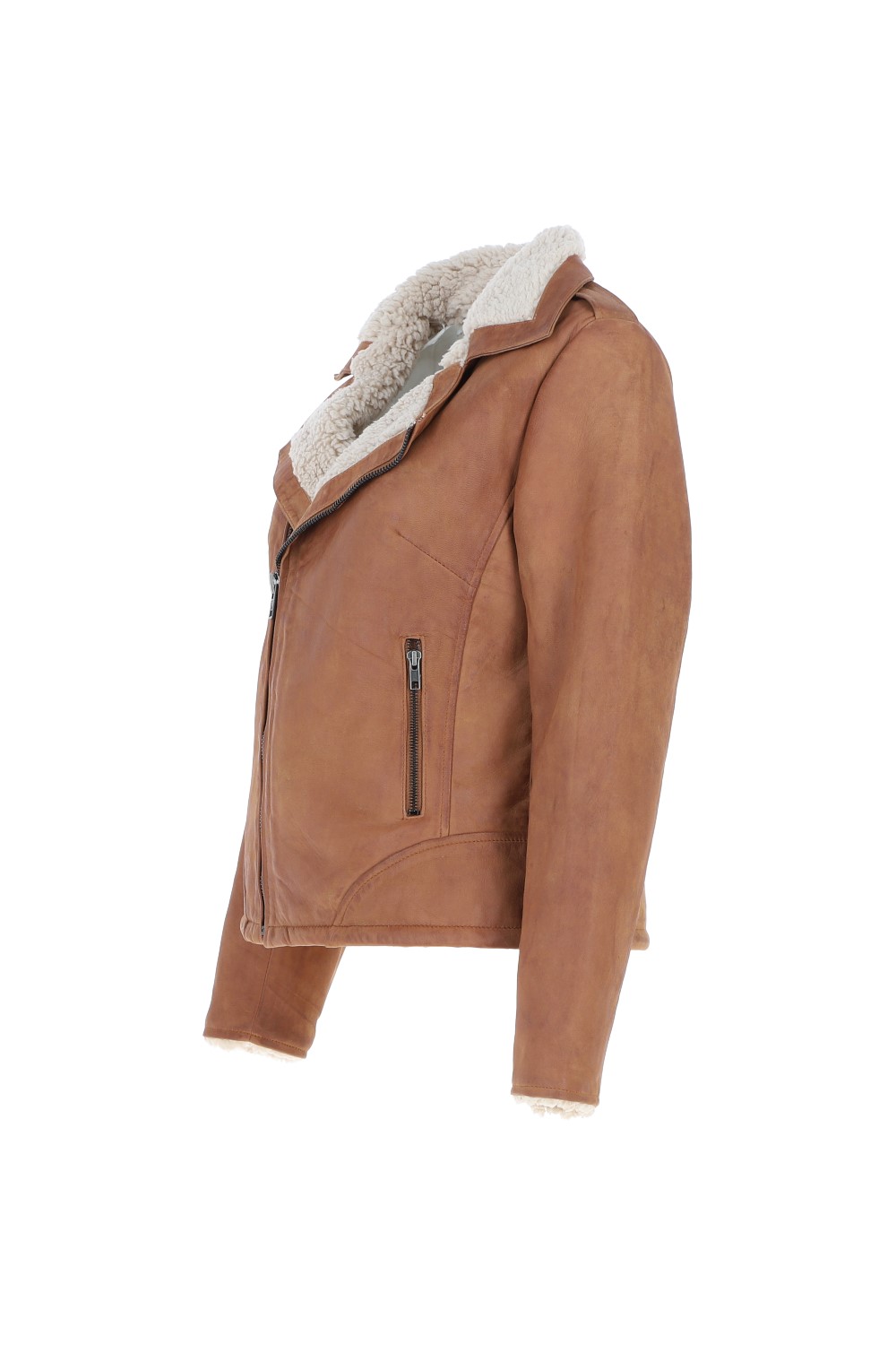 Tan 'Jan' Real Leather Biker Style Jacket With Faux Fur Lining, Image 3 of 5