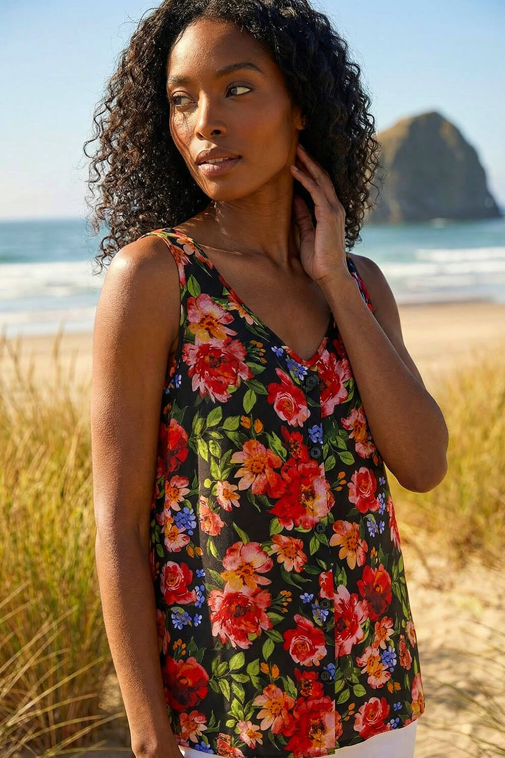 Red Floral Buttoned Vest Top, Image 1 of 5