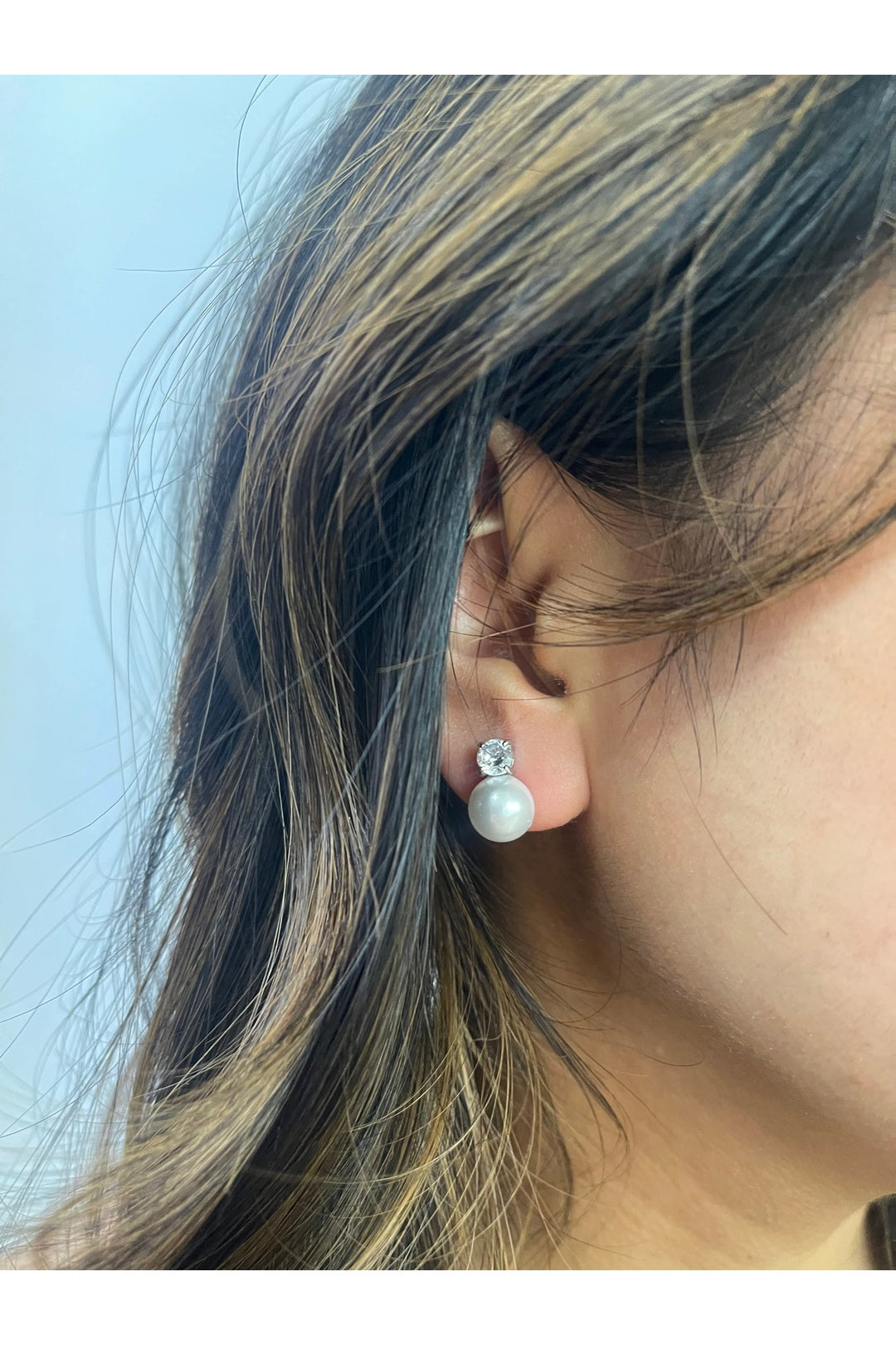 Silver Large Pearl Diamante Earrings in Silver, Image 3 of 3