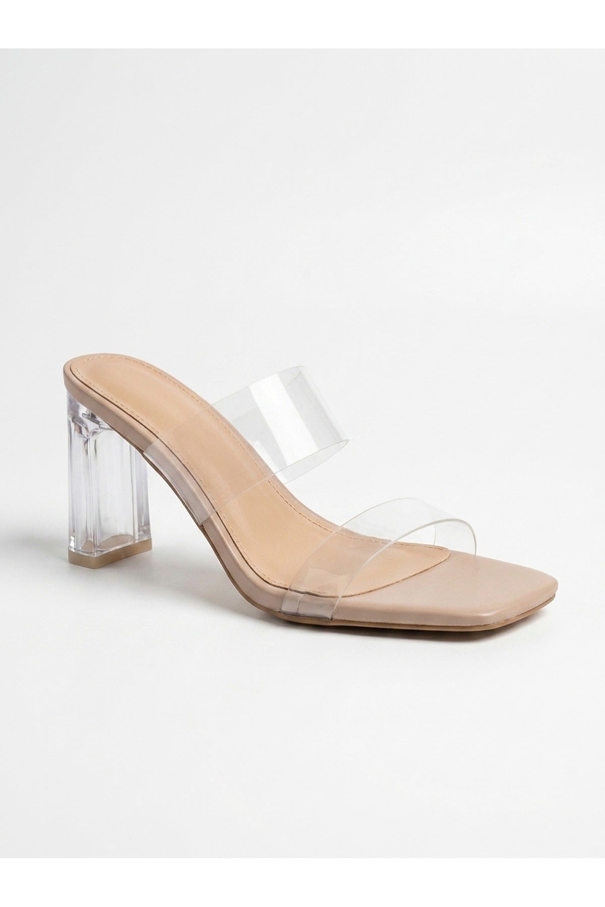 Beige iKrush Beige Ines Square Toe Perspex Block Mules, Image 1 of 5