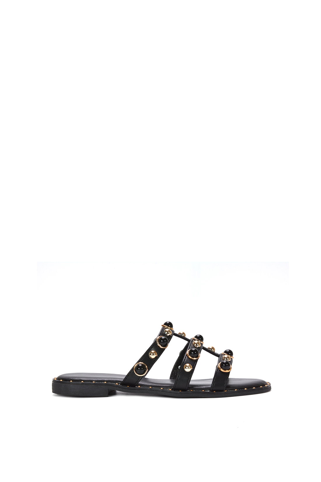 Black Slip On Sandals With Peal Studded Straps