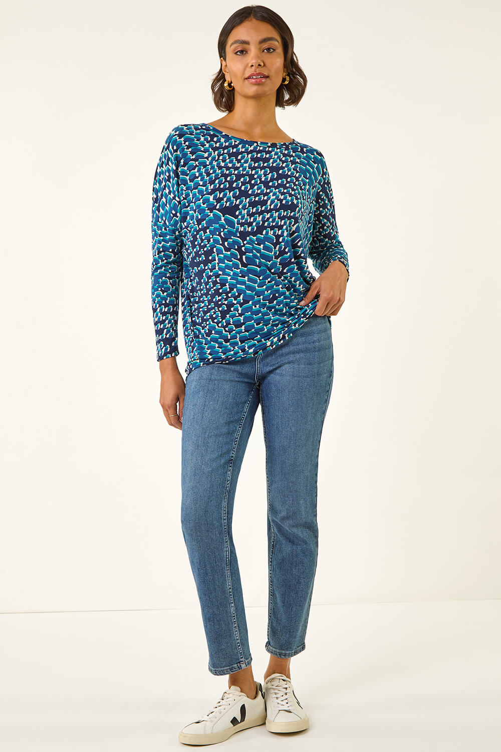 Blue Printed Bubble Hem Top, Image 3 of 5