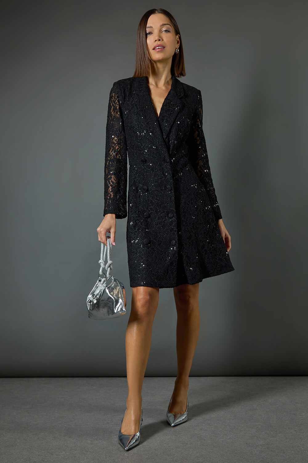 Black Sequin Lace Blazer Dress, Image 8 of 7