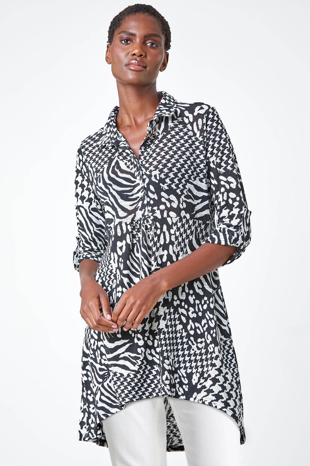 Black Mixed Print Stretch Shirt, Image 1 of 5