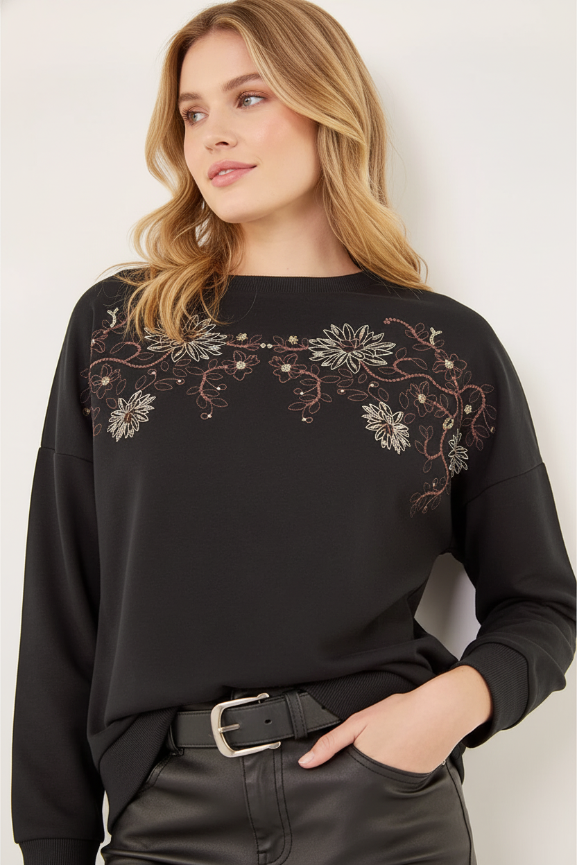 Black Floral Embroidered Sweatshirt , Image 4 of 4