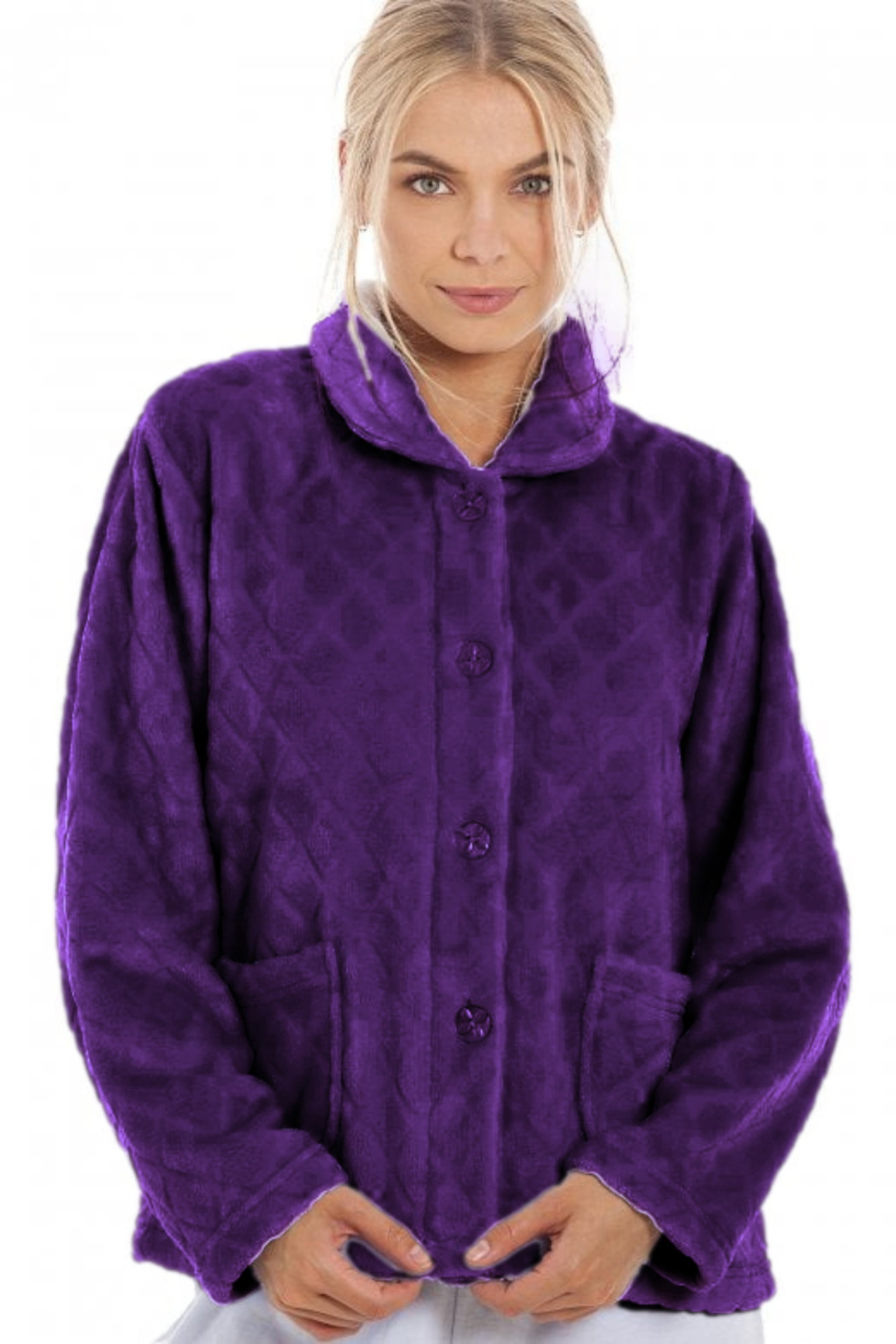 Purple Camille Lingerie Purple Supersoft Diamond Print Button Up Bed Jacket, Image 1 of 4