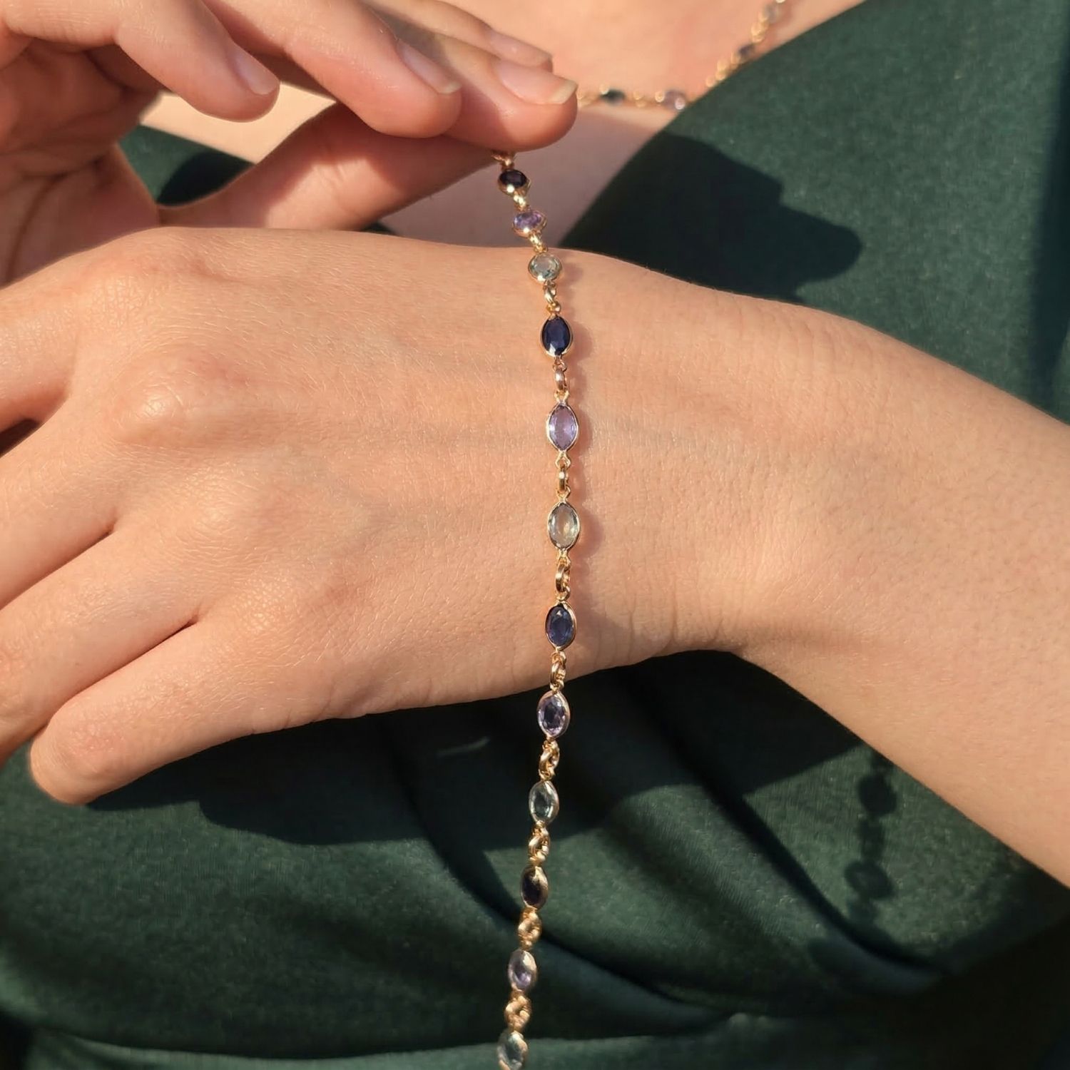 Gold Blue Crystal Multi Gemstone Gold Plated Bracelet, Image 3 of 4