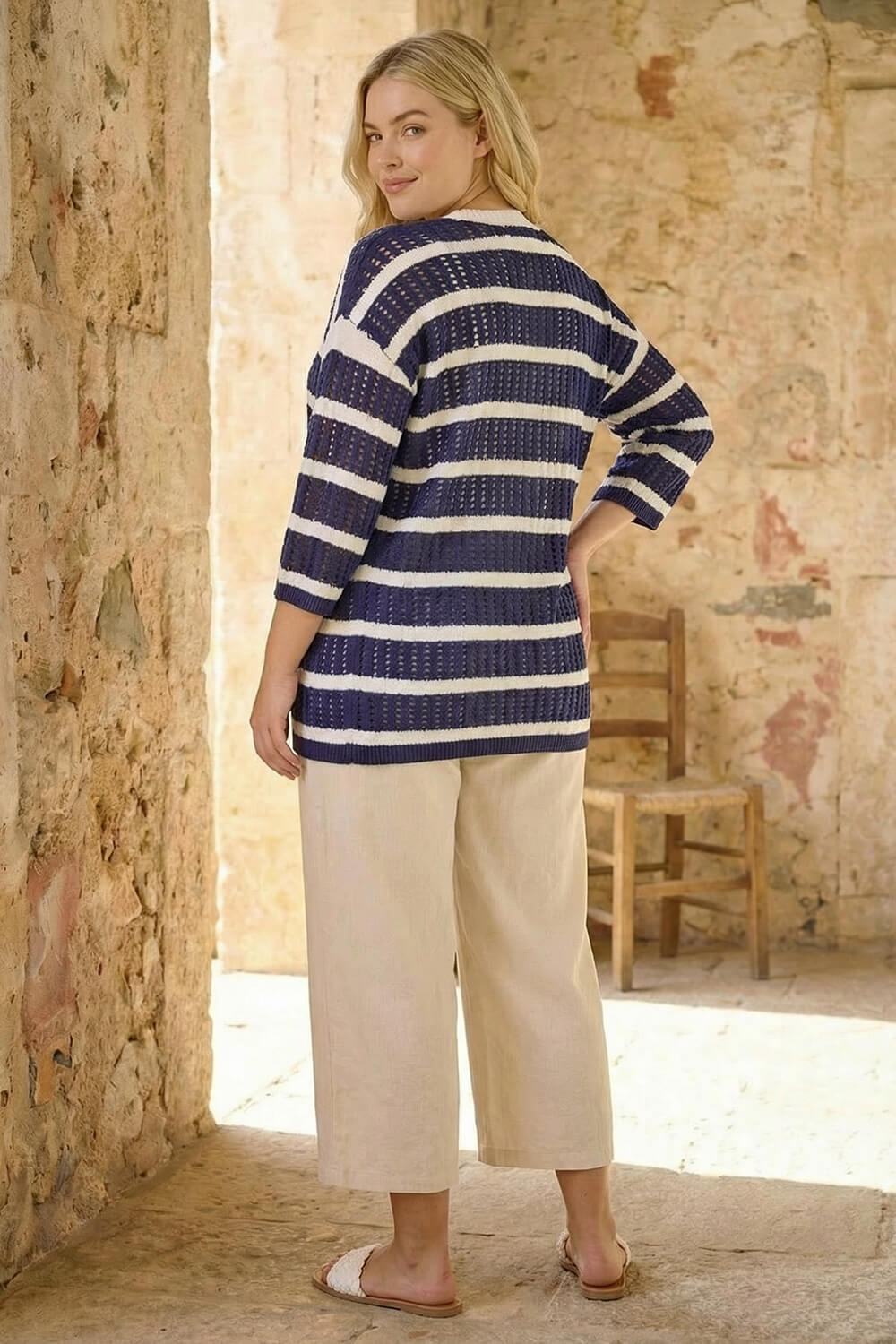 Navy Curve Stripe Crochet Knit Cardigan , Image 4 of 4