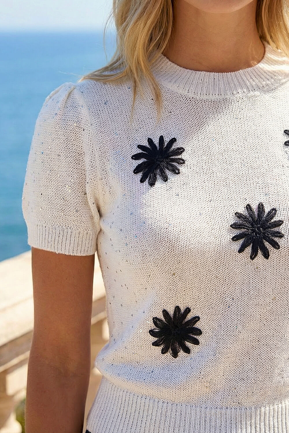Ivory Daisy Sparkly Embroidered Knit Top, Image 5 of 4