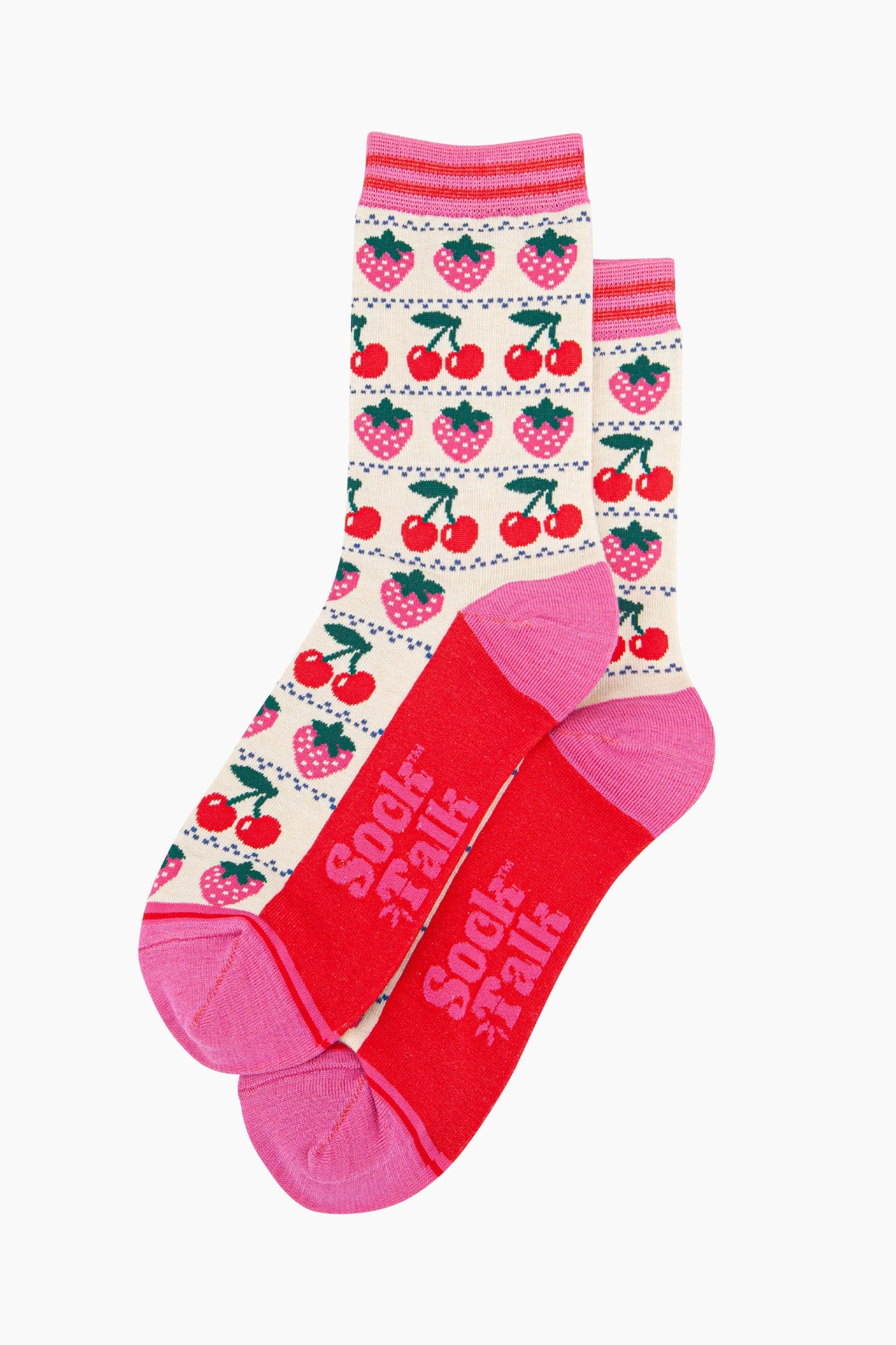 Cream Fair Isle Strawberry Cherry Bamboo Socks, Image 2 of 4