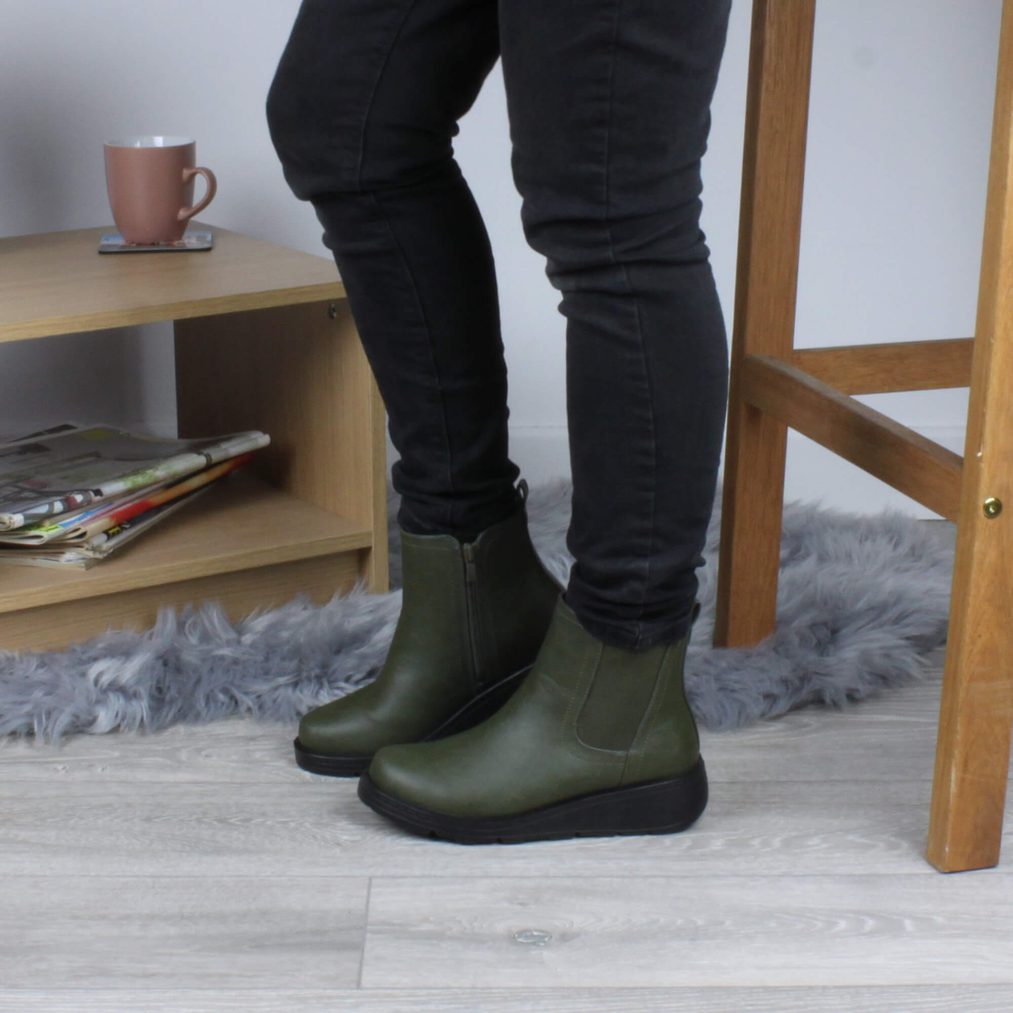Khaki Low Wedge Comfort Ankle Chelsea Boots, Image 5 of 6