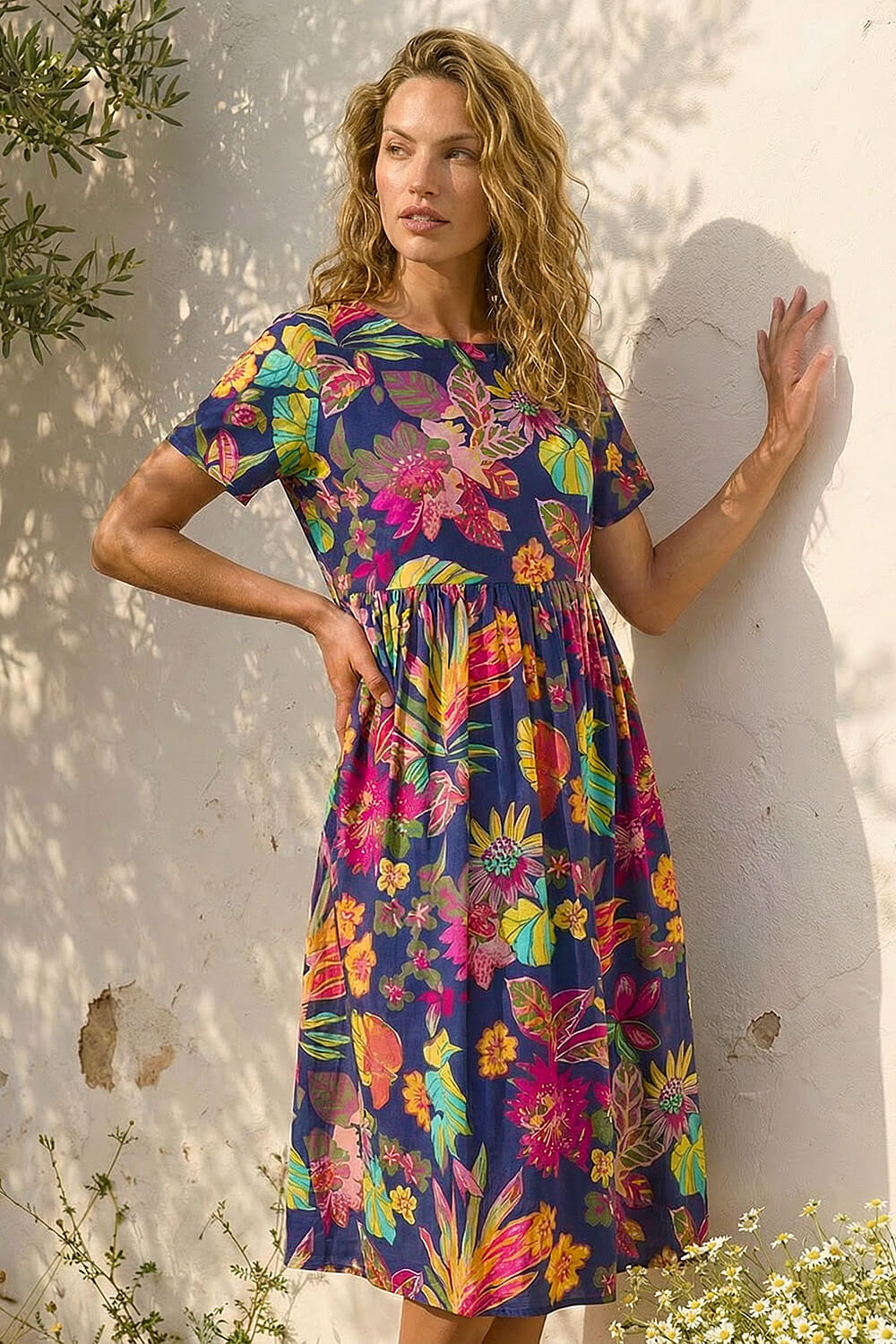 Navy Floral Print Smock Midi Dress, Image 3 of 4